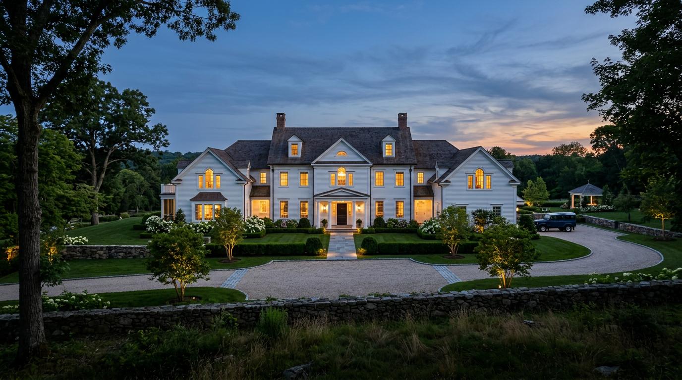 Luxury estate at dusk with warm interior lighting and manicured grounds